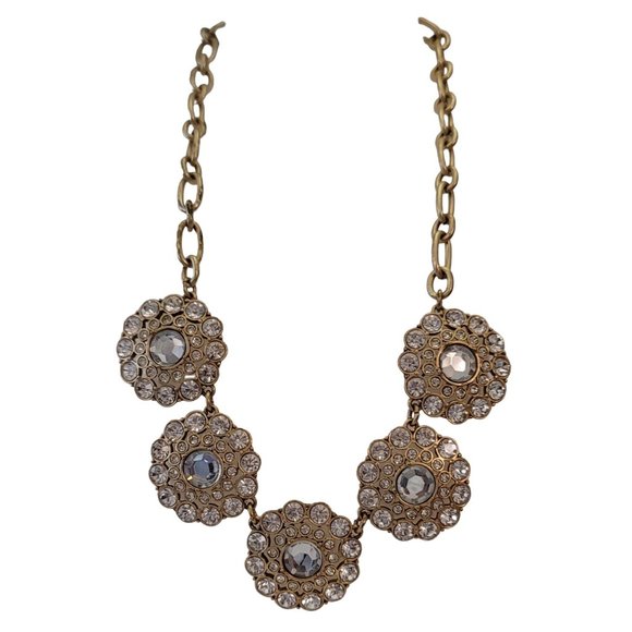 J Crew Gold Tone Glass Plastic Rhinestone Medallions Collar Chain  Necklace E545 - Picture 3 of 7